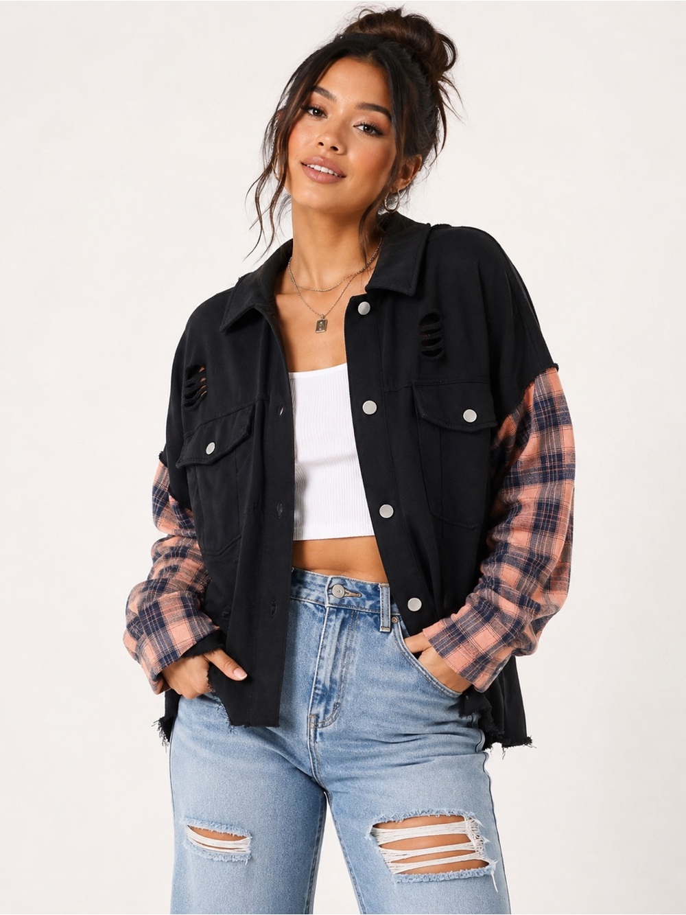 Peach Love California Distressed Plaid Sleeve Shacket Jacket L NWOT